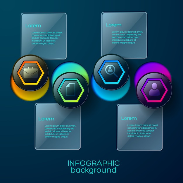 Bezpłatny wektor infografika z czterema kolorowymi piktogramami biznesowymi w kształcie sześciokąta z okrągłymi otworami i opisami tekstowymi