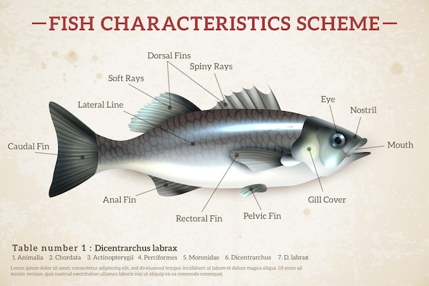 Bezpłatny wektor infografiki schematu ryb z błyszczącym labraksem i napisami na starym papierze