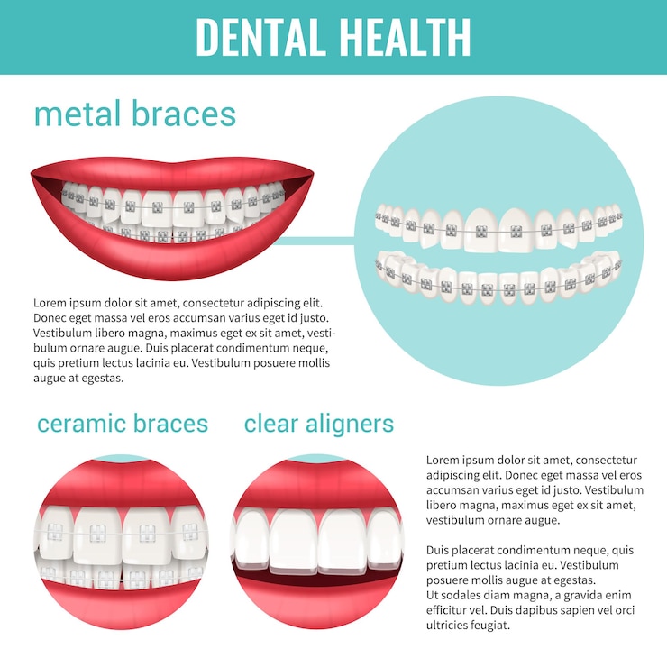 Bezpłatny plik Wektor infografiki zdrowia zębów z metalowymi i ceramicznymi szelkami realistyczne ilustracji wektorowych
