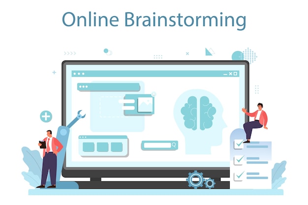 Bezpłatny wektor innowacyjna usługa online lub platforma pomysł kreatywnego rozwiązania biznesowego wynalazek produkcyjny i marketingowy burza mózgów online płaska ilustracja wektorowa