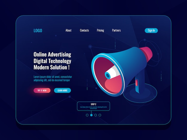 Inteligentna Reklama Online Koncepcja, Ikona Głośnika Megafon, Promocja Mediów Społecznościowych Ciemna