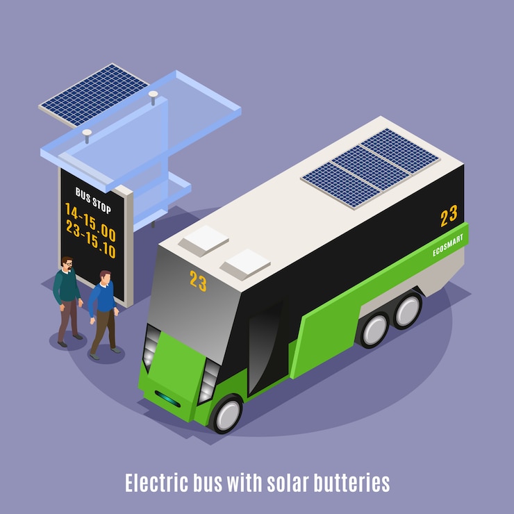 Bezpłatny plik Wektor inteligentne miejskiej ekologii izometryczny tło z widokiem nowoczesnego autobusu i elektryczny omnibus z tekstem