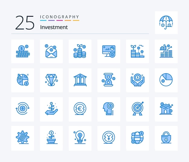 Bezpłatny wektor inwestycja 25 pakiet ikon w kolorze niebieskim, w tym wykres finansowania inwestycji wzrostu pieniędzy
