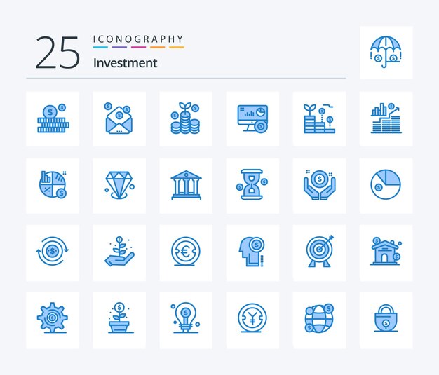 Inwestycja 25 Pakiet ikon w kolorze niebieskim, w tym wykres finansowania inwestycji wzrostu pieniędzy
