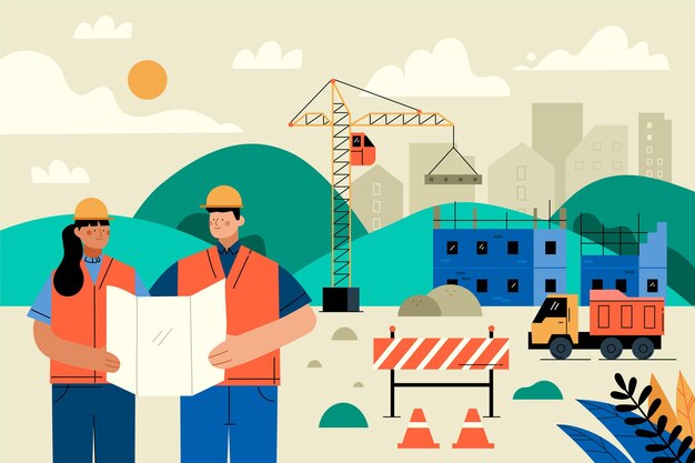 Inżynierowie organiczni płaskich pracujący na ilustracji budowy