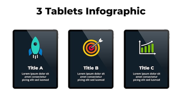 Ipad makieta szablon slajdu infografika 3 kroki prezentacja tabletów sukces w biznesie