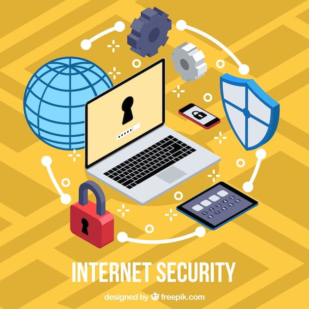 Bezpłatny wektor isometric tle z elementów zabezpieczeń internetowych