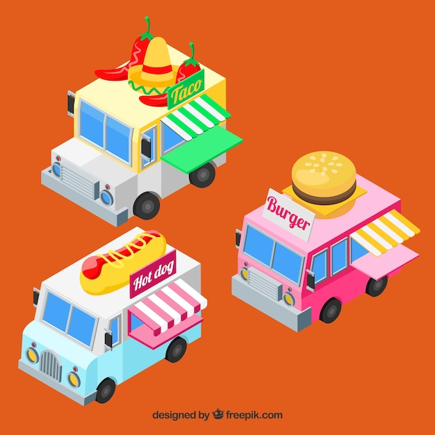 Bezpłatny wektor isometryczna ciężarówka spożywcza z fast food