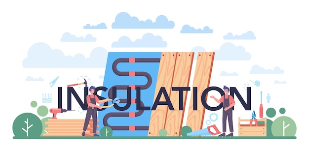 Izolacja Typograficzny Nagłówek Izolacja Termiczna Lub Akustyczna Pracownik Umieszczanie Materiałów Izolacyjnych Remont Domu Usług Budowlanych Ilustracja Na Białym Tle Płaski Wektor