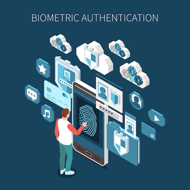 Bezpłatny wektor izometryczna ilustracja uwierzytelniania biometrycznego z ludzką postacią dotykającą smartfona odciskiem palca otoczoną aplikacjami profilowymi