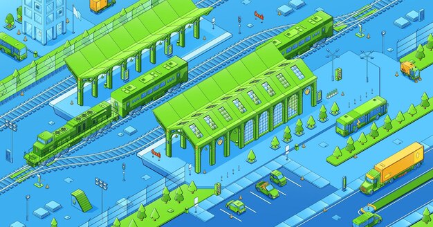 Izometryczna kolej infrastruktury miejskiej z pociągami