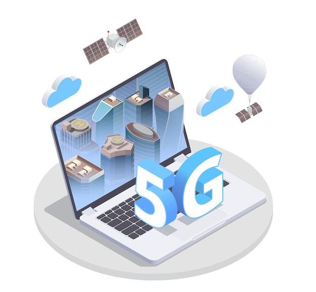 Bezpłatny wektor izometryczna kompozycja 5g szybkiego internetu z okrągłą platformą i obrazem laptopa z elementami 5g