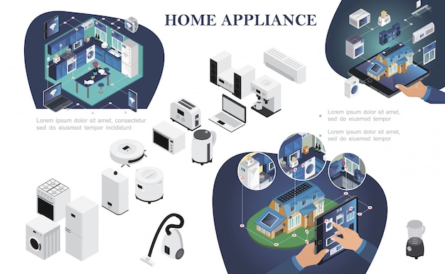 Izometryczna Kompozycja Inteligentnego Domu Ze Zdalnym Sterowaniem Urządzeniami Gospodarstwa Domowego Z Nowoczesnych Urządzeń Cyfrowych