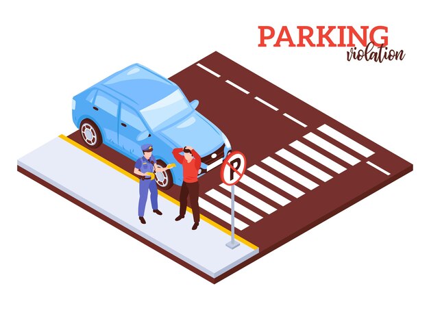 Izometryczna kompozycja parkingowa z karą notacyjną za nielegalne parkowanie samochodów z postaciami ludzkimi i samochodami