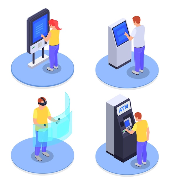Bezpłatny wektor izometryczna koncepcja projektowa 2x2 z ludźmi korzystającymi z interfejsów bankomatu informacyjnego wirtualnego ekranu izolowanego