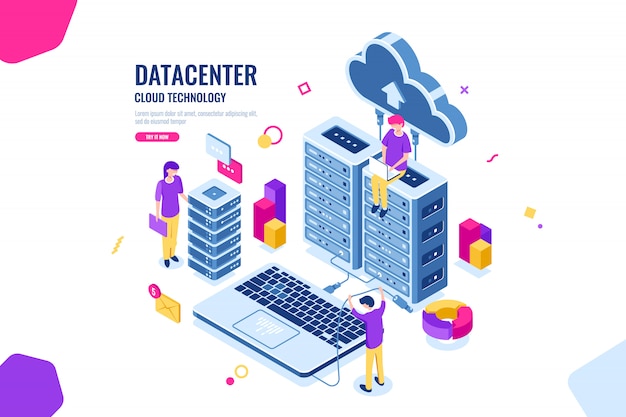 Bezpłatny wektor izometryczne bezpieczeństwo danych, informatyk, centrum danych i serwerownia, przetwarzanie w chmurze