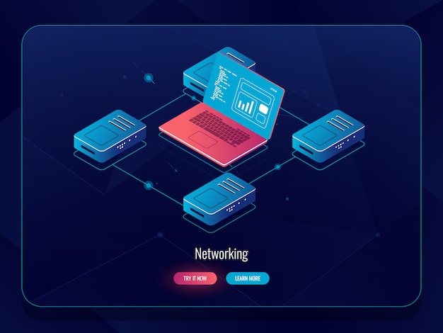 Bezpłatny wektor izometryczne dane internetowe, przetwarzanie i analiza informacji, routing ruchu laptopów, przetwarzanie