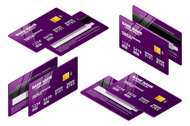 Bezpłatny wektor izometryczne fioletowa kolekcja kart kredytowych