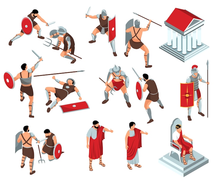 Bezpłatny plik Wektor izometryczne gladiatorzy starożytnego rzymu z izolowanymi ikonami i postaciami patrycjuszy i wojowników z ilustracją wektorową broni