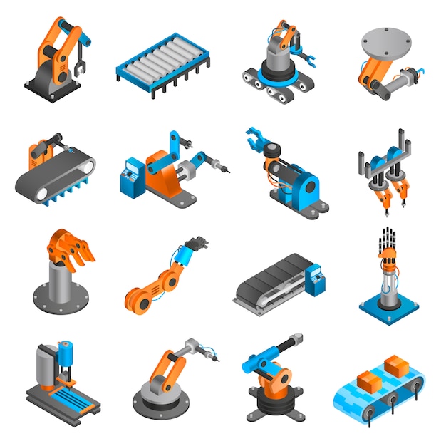 Izometryczne ikony robotów przemysłowych
