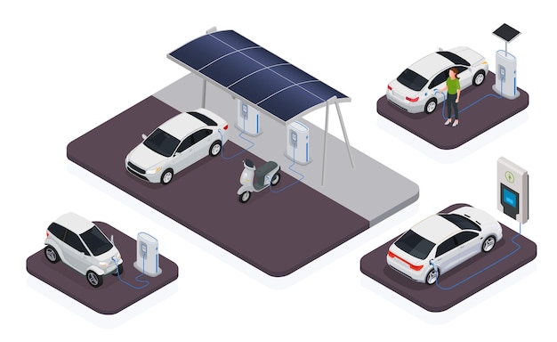 Bezpłatny wektor izometryczne ikony stacji transportu elektromobilnego z samochodami elektrycznymi ładującymi izolowaną ilustrację wektorową
