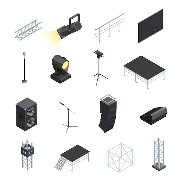 Izometryczne ikony zestaw elementów scenicznych różnych stoi z mikrofonami głośniki reflektory