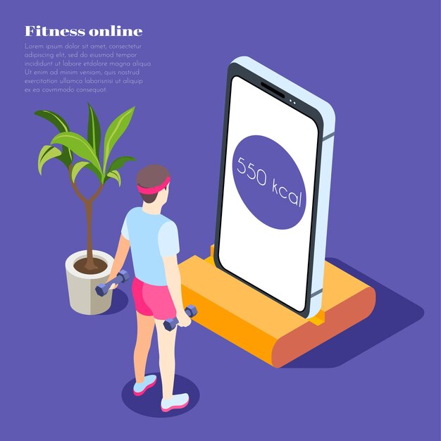 Izometryczne ilustracja fitness online z młodym mężczyzną trzymającym hantle i patrząc na ekran smartfona z aplikacją sportową