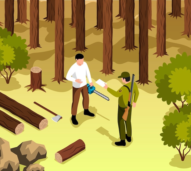 Izometryczne Koncepcja Leśnika Z Ilustracją Wektorową Ochrony Przed Wycięciem Drzewa
