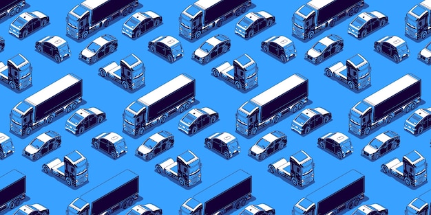 Izometryczne pojazdy, ciężarówki i samochody na białym tle na niebieskim tle. Płaskie ilustracji wektorowych z ruchu samochodowego. Tapeta z innym transportem, ciężarówką, sedanem i przyczepą