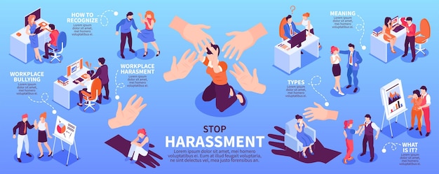 Izometryczne Poziome Infografiki Opisujące Molestowanie Seksualne I Zastraszanie W Miejscu Pracy Z Kobietami I Mężczyznami Zachowującymi Się Niewłaściwie Ilustracja Wektorowa 3d