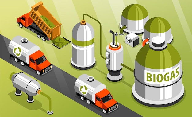 Izometryczne tło zielonej energii reklamujące produkcję biogazu jako źródła ilustracji wektorowych biopaliw