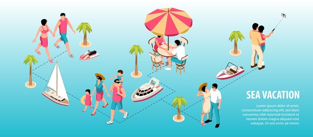 Izometryczne wakacje morze infografiki z edytowalnym tekstem i schematem blokowym postaci rodzinnych parasol palm i ilustracji wektorowych łodzi