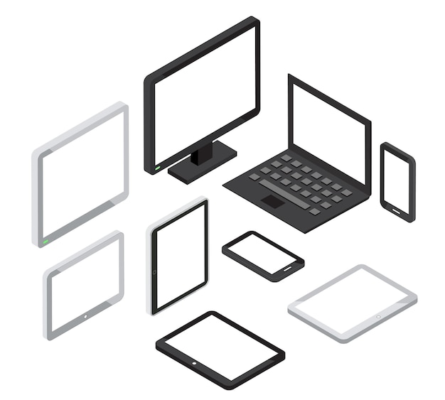Bezpłatny wektor izometryczny 3d komputer i laptop, tablet i smartfon