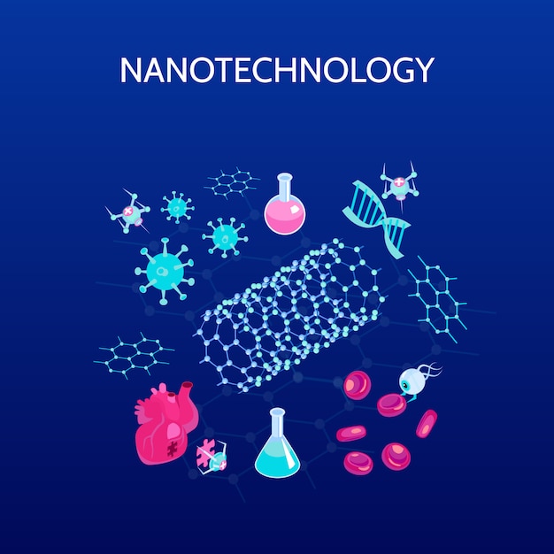 Izometryczny kolor nanotechnologii z symbolami nauki na białym tle