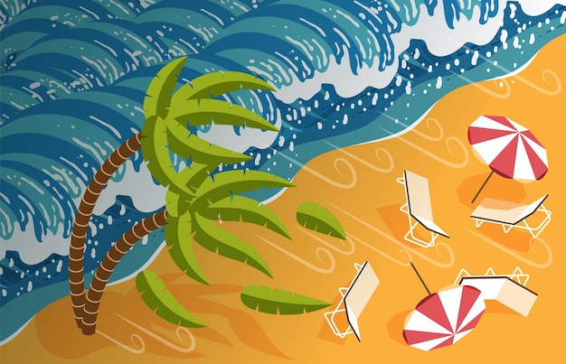 Bezpłatny wektor izometryczny kolorowy skład pogody sztormowej silny wiatr zdmuchnął leżaki i parasole z ilustracji wektorowych nadmorskiej plaży