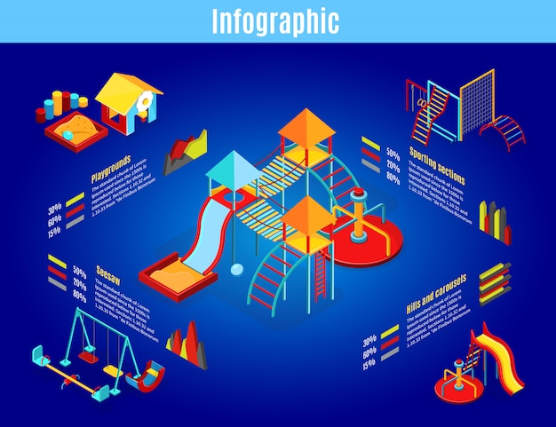 Bezpłatny wektor izometryczny plac zabaw dla dzieci infografika szablon z karuzelami huśtawki slajdy piaskownica sport sekcje diagramy wykresy na białym tle