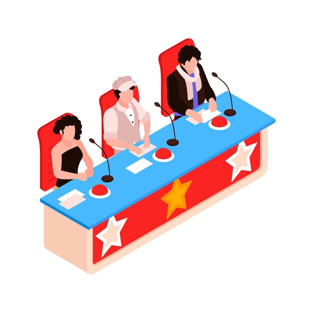 Izometryczny pokaz talentów skład programu telewizyjnego z postaciami trzech gwiazdowych sędziów siedzących przy stole z przyciskami i ilustracji wektorowych mikrofonów