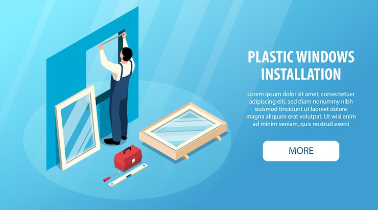 Bezpłatny plik Wektor izometryczny poziomy baner internetowy z pracownikiem instalującym nowe plastikowe okna na niebieskim tle ilustracji wektorowych 3d