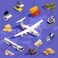 Bezpłatny wektor izometryczny schemat blokowy ładunku lotniczego z ilustracji wektorowych symboli logistyki i transportu samolotów