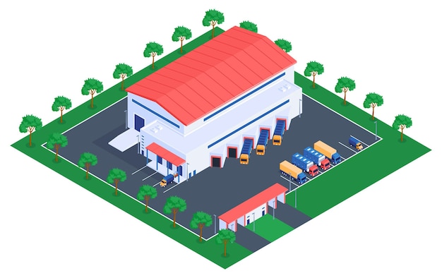 Izometryczny skład logistyczny z widokiem na budynek magazynowy z otoczeniem i parking z ilustracją ciężarówek towarowych