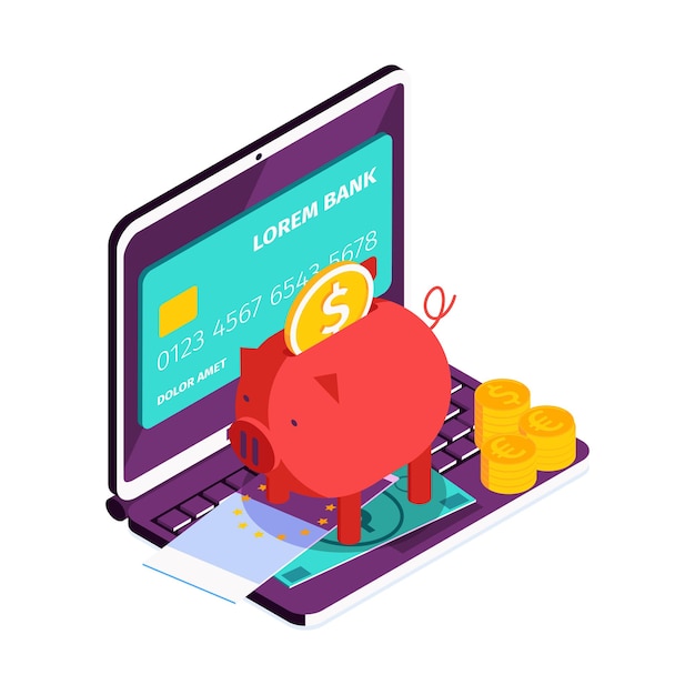 Izometryczny skład mobilnego banku internetowego z ikonami ilustracji wektorowych oszczędzania laptopa i metod płatności
