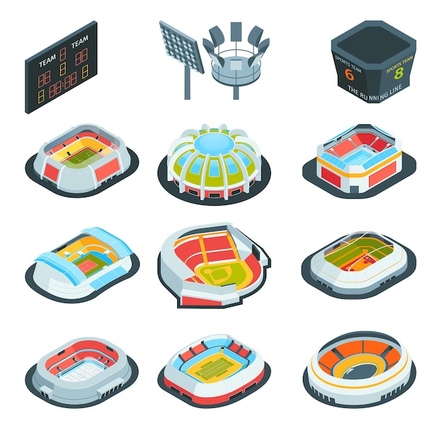 Bezpłatny wektor izometryczny stadion zestaw izolowanych ikon z arenami sportowymi o innym projekcie architektonicznym na pustym tle ilustracji wektorowych