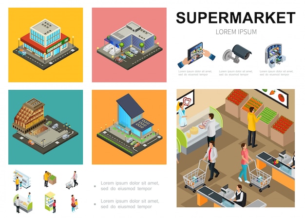 Izometryczny szablon supermarketu z zewnętrznym systemem monitoringu centrum handlowego klienci kupujący różne produkty w hali hipermarketu