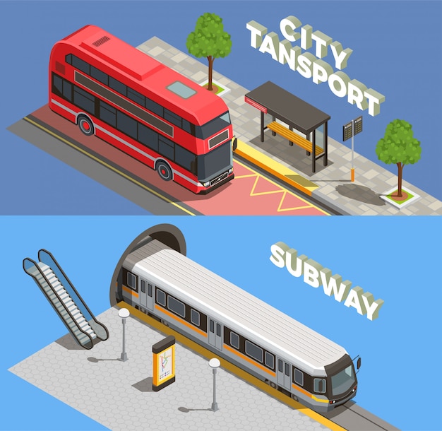 Bezpłatny wektor izometryczny transport publiczny z poziomymi kompozycjami tekstu ilustrujący podziemne i naziemne środki transportu