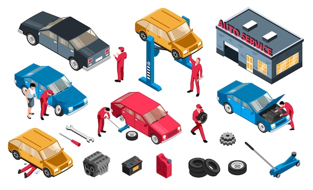 Bezpłatny wektor izometryczny zestaw do naprawy samochodów z izolowanymi ikonami narzędzi części samochodowych i pracowników na pustym tle ilustracji wektorowych