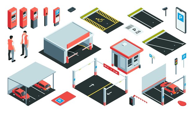 Izometryczny zestaw kolorów parkingu z izolowanymi ikonami automatów biletowych, kasą fiskalną, samochodami i ilustracją wektorową ludzi