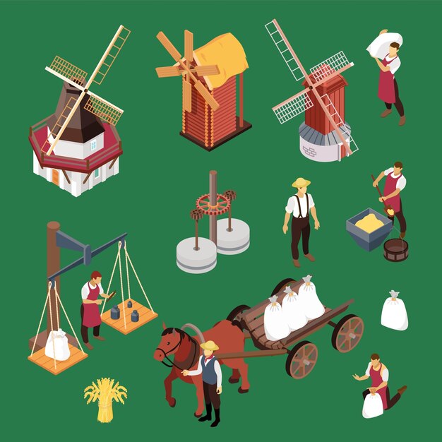 Izometryczny zestaw kolorów wiatraków z izolowanymi ludzkimi postaciami pracowników rolnych i ikonami ilustracji wektorowych obiektów młyna