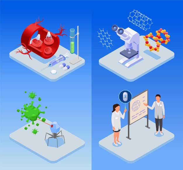 Bezpłatny wektor izometryczny zestaw nanotechnologii nanomedycyny z nanorobotami używanymi do leczenia chorób postaci naukowców mikroskopu izolowanego na niebieskim tle ilustracji wektorowych