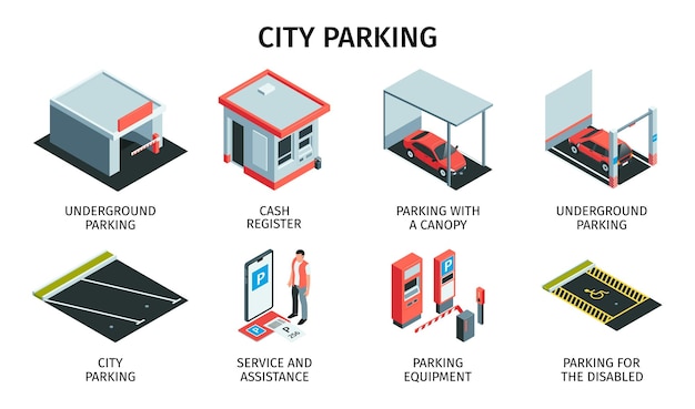 Izometryczny Zestaw Parkingowy Izolowanych Ikon Z Układaniem Asfaltu W Kasie I Samochodami Z Tekstową Ilustracją Wektorową