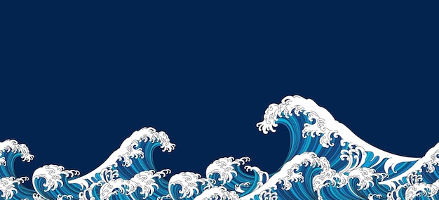 Japonia fala hokusai orientalna ilustracja na białym tle na niebieskim tle.